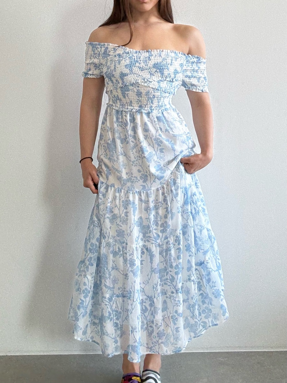 Steve Madden White and Light Blue Floral Off-Shoulder Maxi Dress